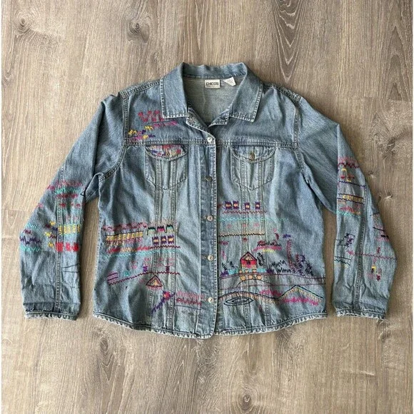 Vintage Chicos Jacket Women's Embroidered Denim Multicolor Chico's Sz 3 (XL/16) - Picture 2 of 8